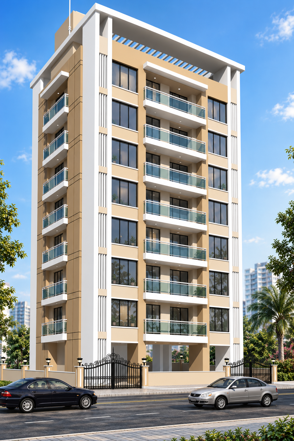 Modern beige and white mid-rise apartment building with glass balconies, surrounded by trees, and cars on the street.