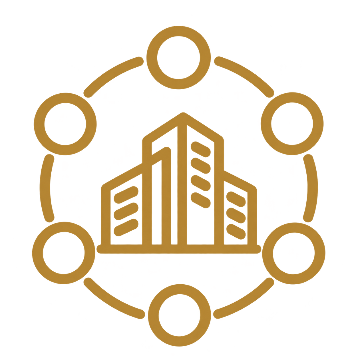 A stylized icon of a city building enclosed by a network of interconnected circles, representing urban connectivity or smart city technology.