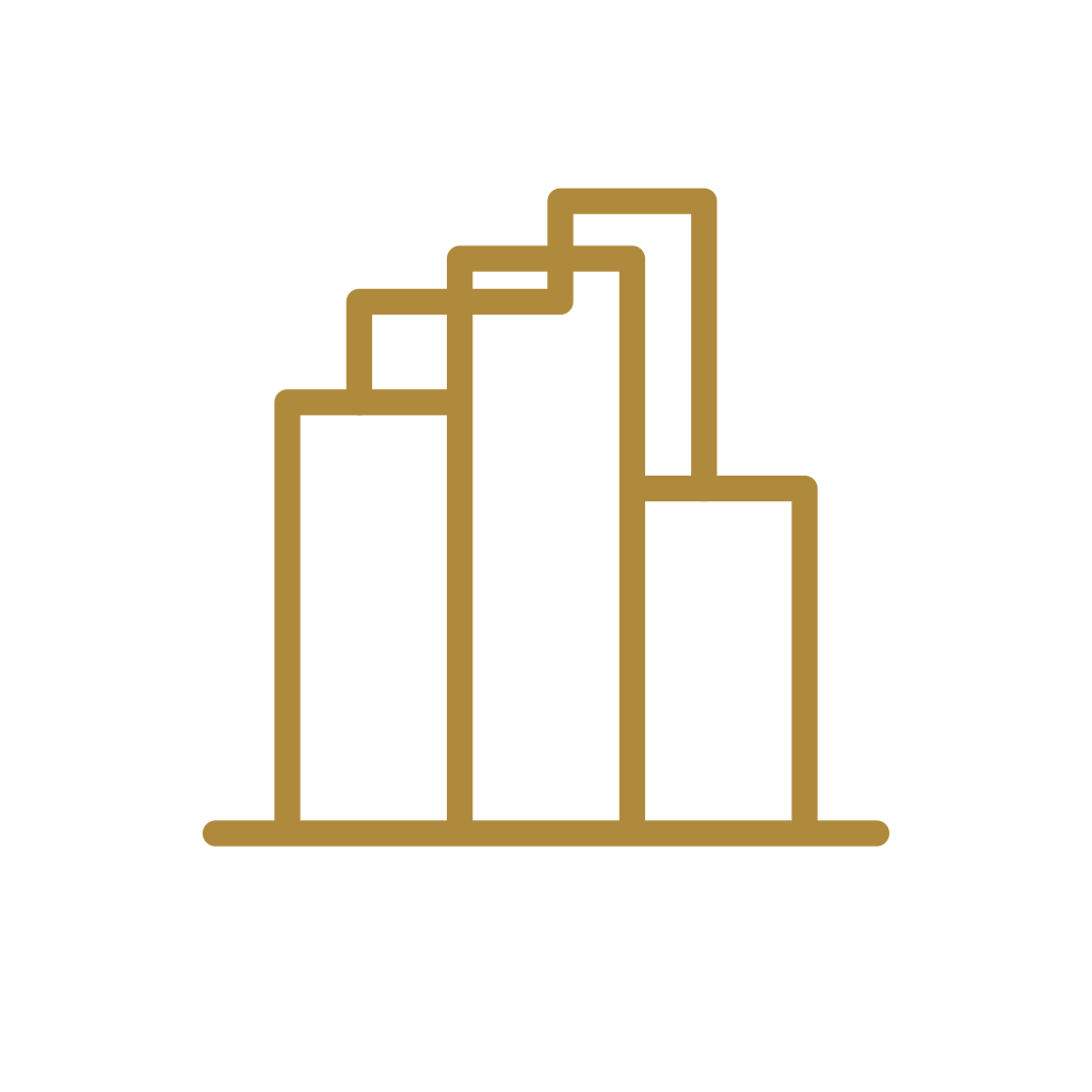 Gold outline of a bar graph with five ascending bars on a black background.