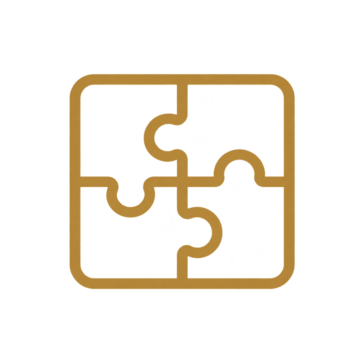 Gold puzzle pieces forming a square with red, black, blue, and yellow background.