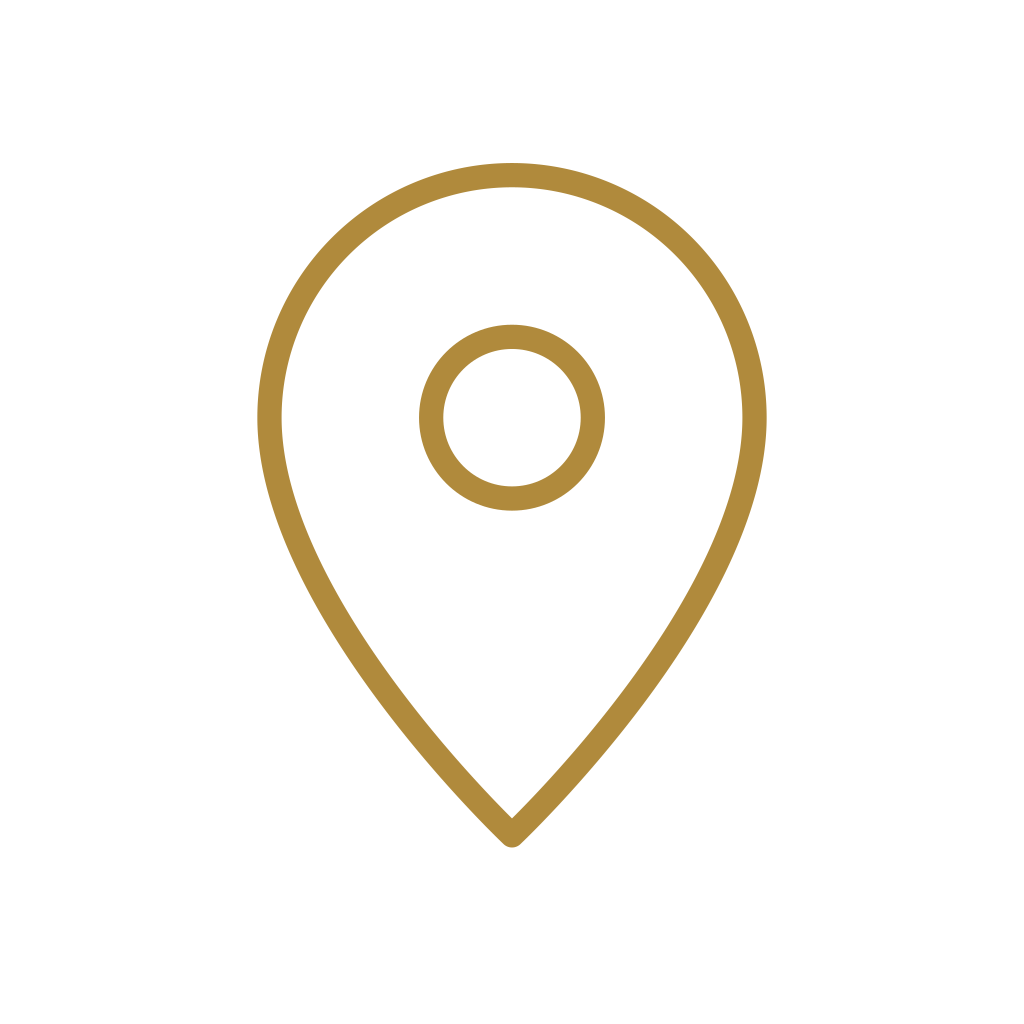 Gold outline map pin icon on a black background.
