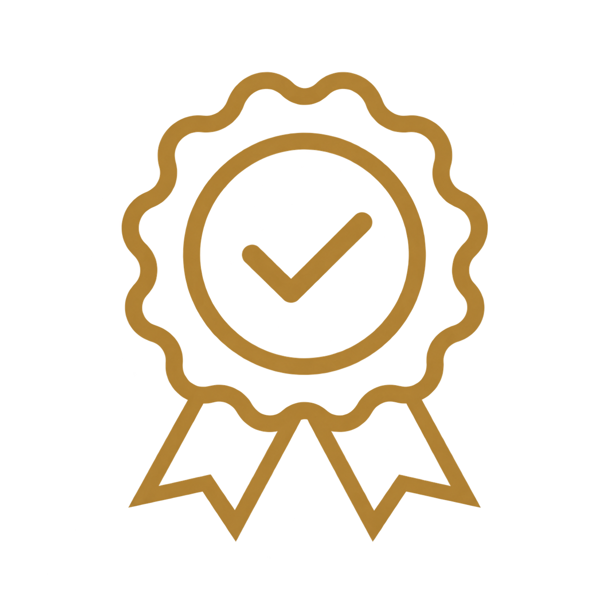 Gold-colored award badge with a checkmark inside a circle and ribbon at the bottom.