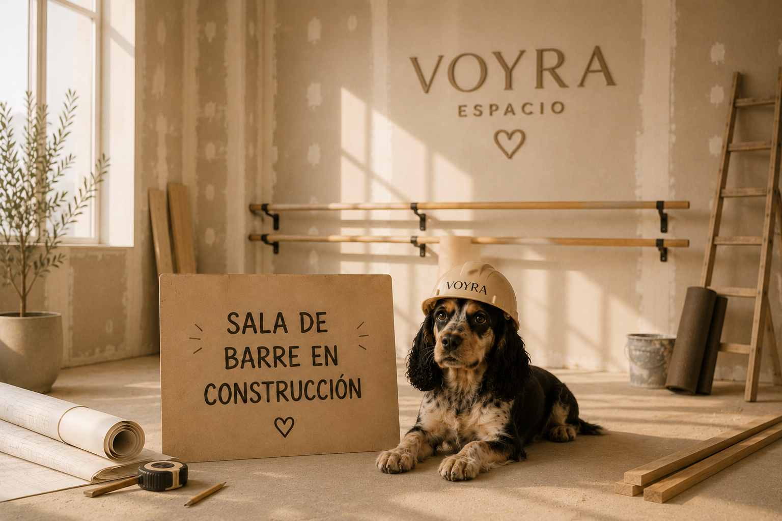 Perro con casco en un espacio en construcción con señal que dice 'Sala de Barre en Construcción' y fondo con el logo 'Voyra Espacio'.