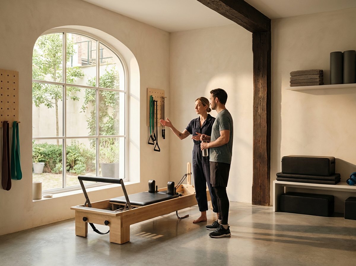Dos personas en una sala de gimnasio conversando, una de ellas explica mientras la otra escucha, con equipo de ejercicio y una ventana grande con vista a un jardín.