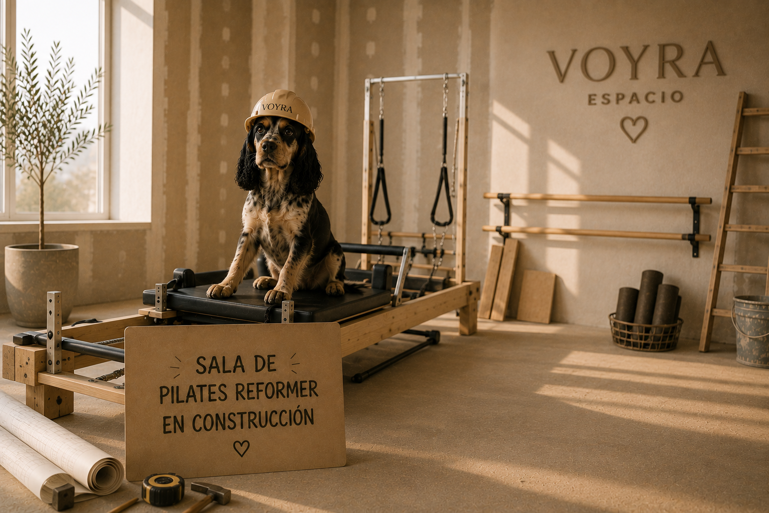 Perro sentado en una máquina de pilates en una sala en construcción con un cartel que dice 'Sala de Pilates reformer en construcción' y un casco con la marca 'Voyra'.