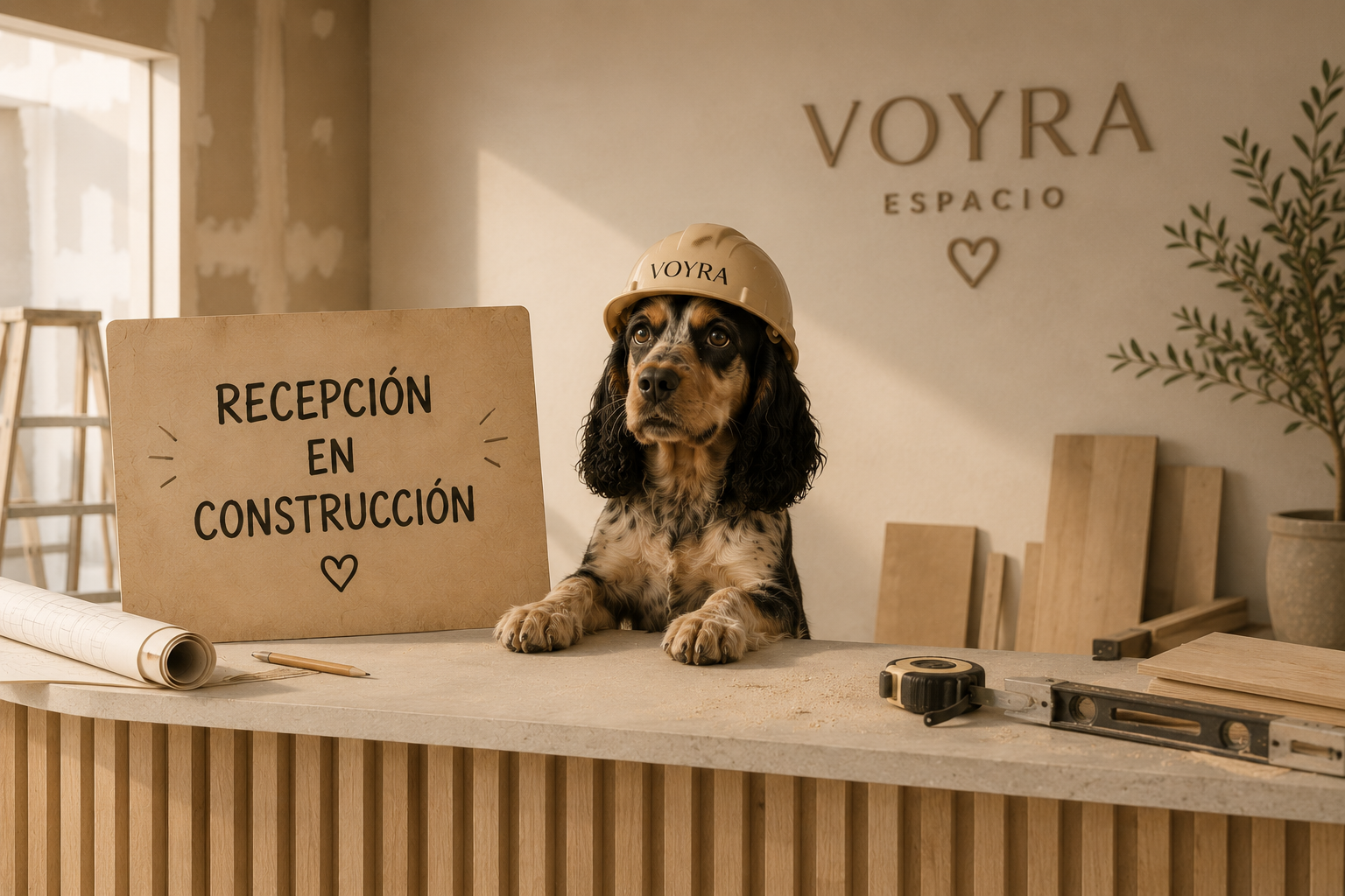 Perro con casco de construcción en recepción en obra en construcción, en un lugar llamado VOYRA ESPACIO.