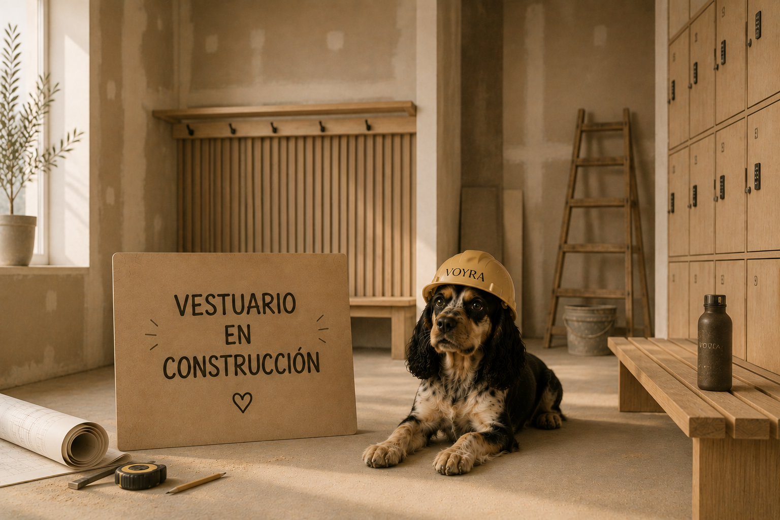 Perro con casco en construcción, en habitación con casilleros y herramientas, cartel que dice 'Vestuario en construcción'.