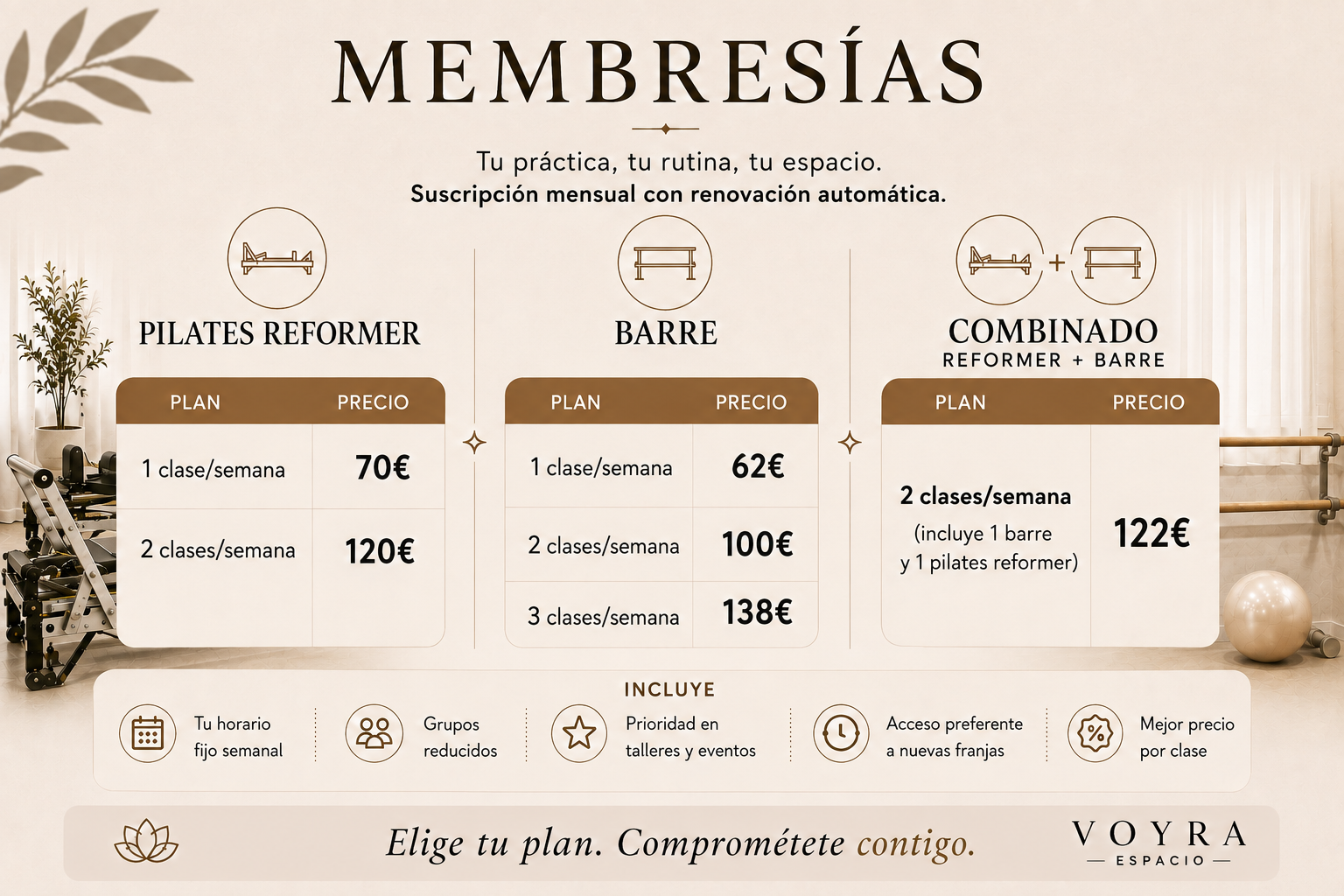 Tabla comparativa de membresías para un estudio de Pilates, barra y combo, con planes y precios, en un espacio de entrenamiento.