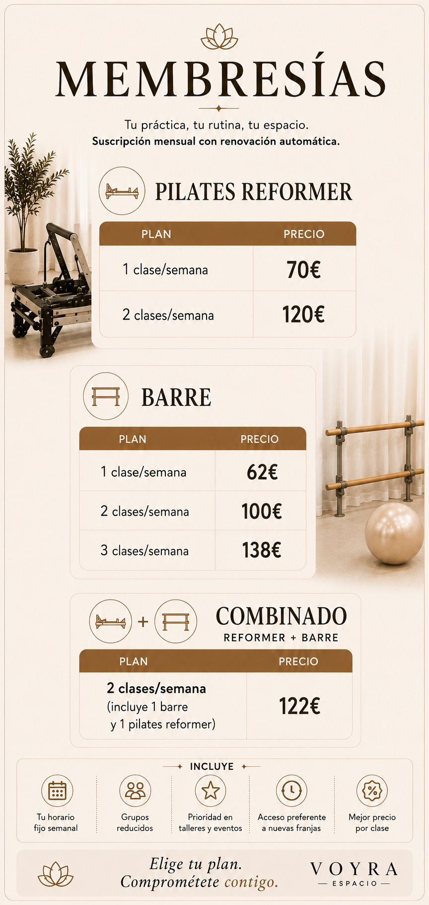 Información sobre membresías para clases de pilates, bar y una opción combinada en un estudio de fitness. Incluye precios y planes semanales.