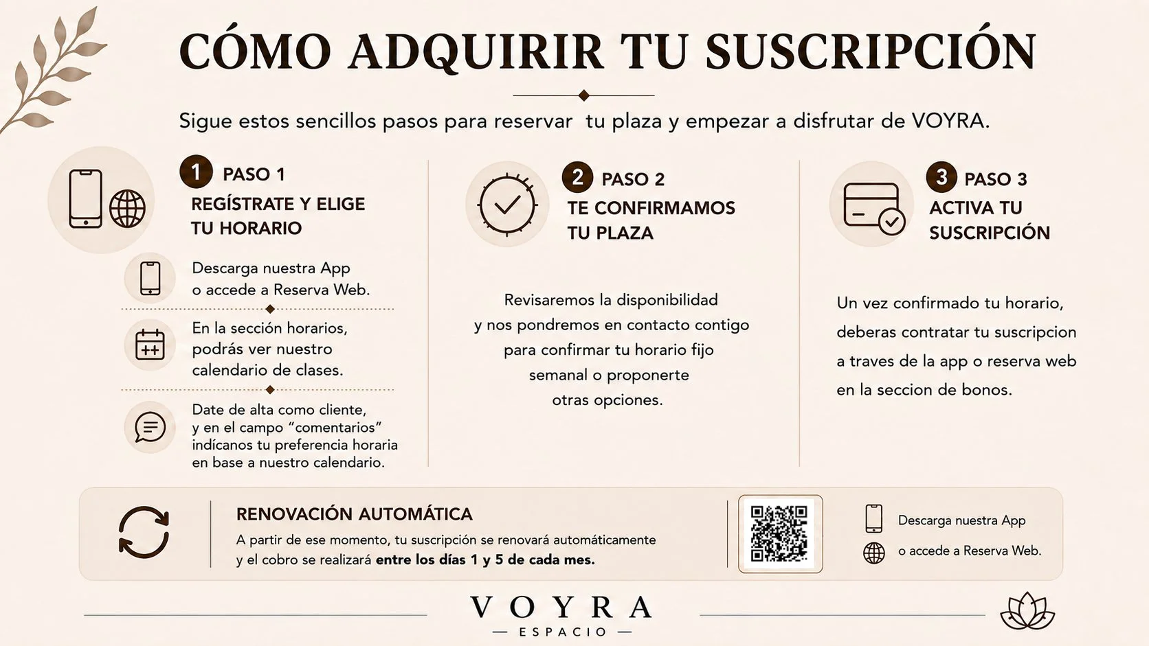 Información sobre cómo adquirir una suscripción en VOYRA, incluyendo pasos para registrarse, confirmar disponibilidad y activar la suscripción, con iconos y un código QR.