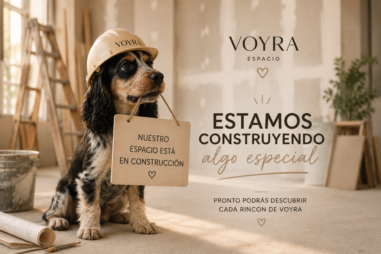 Perro con casco de construcción y cartel en la boca, en un espacio en construcción con herramientas y plantas, anuncio de la apertura de un espacio llamado 'VYRA' que dice que están construyendo algo especial, y que próximamente podrán descubrir cada rincón de 'VYRA'