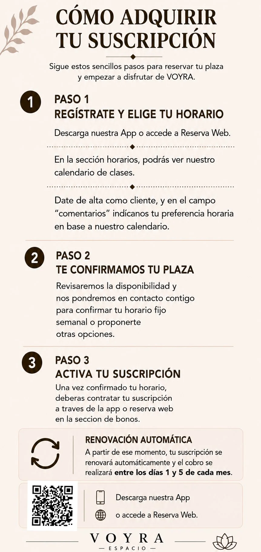 Instrucciones para adquirir una suscripción en VOYRA, con pasos detallados para registrarse, verificar la disponibilidad y activar la suscripción, incluyendo opciones de aplicación y reserva web.