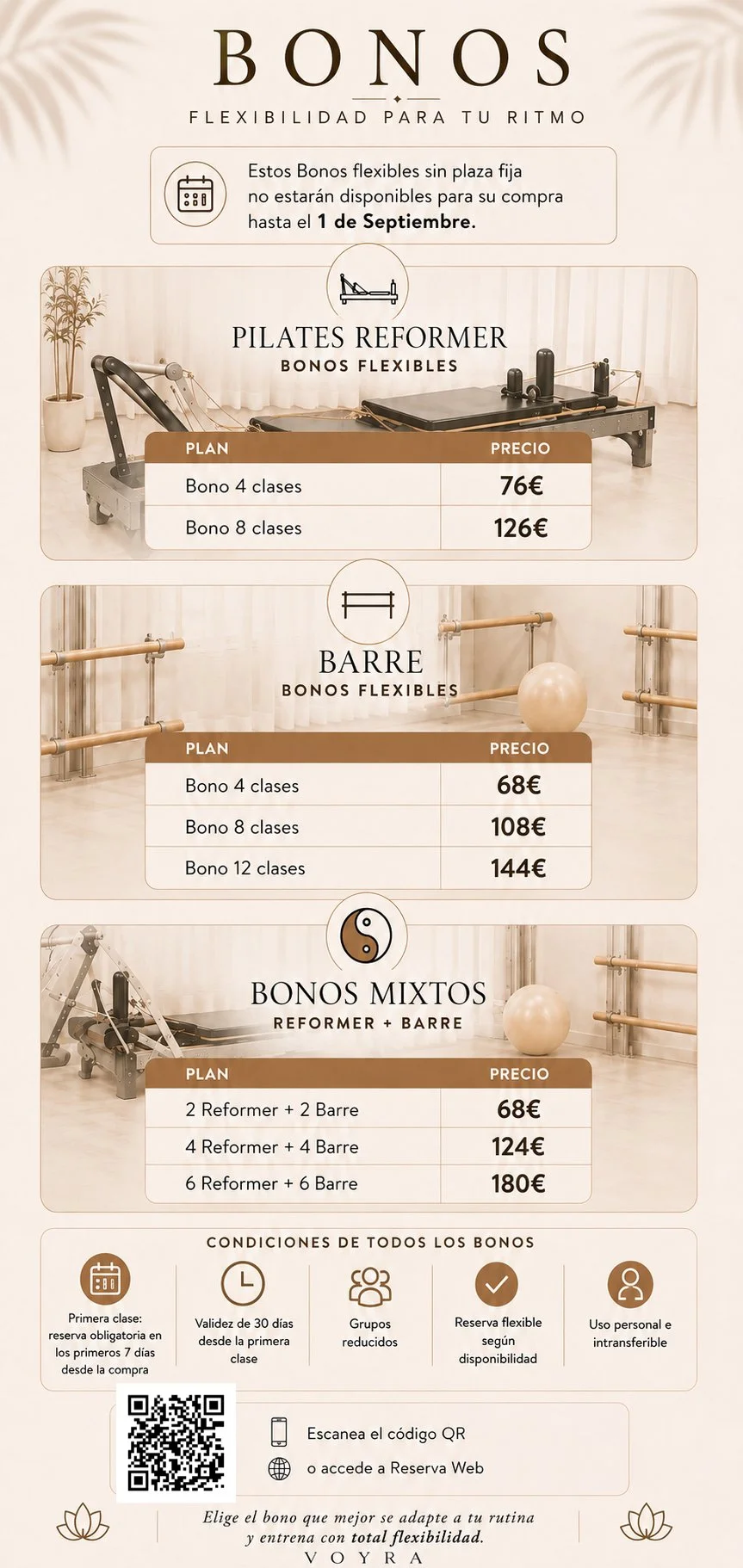Información sobre bonos de clases de pilates, barra y bonos mixtos con detalles de precios y condiciones en fondo beige con plantas y equipos de ejercicio.