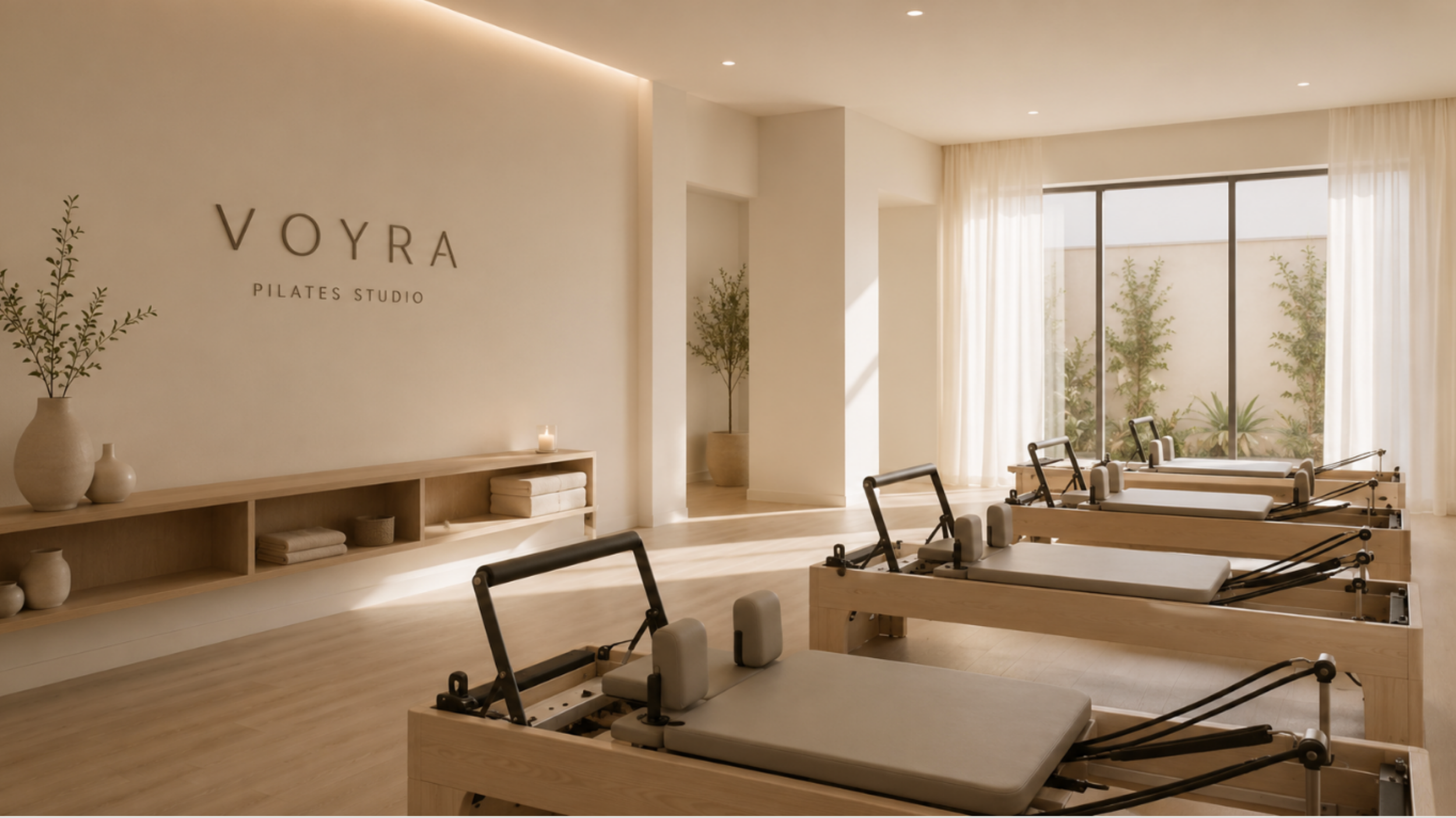 Sala de pilates limpia y moderna con máquinas de pilates, plantas en macetas, estantería con toallas y decoraciones minimalistas con luz natural
