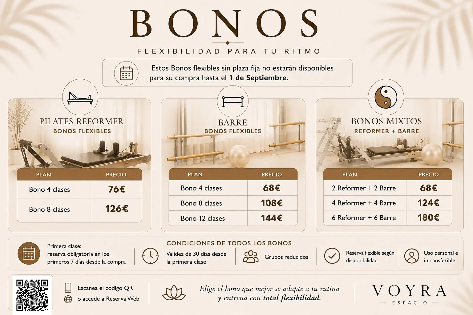 Información sobre bonos flexibles para clases de Pilates Reformer y Barré, con detalles de planes, precios, condiciones y promociones en un diseño con gráficos y texto en tonos marrón y beige.