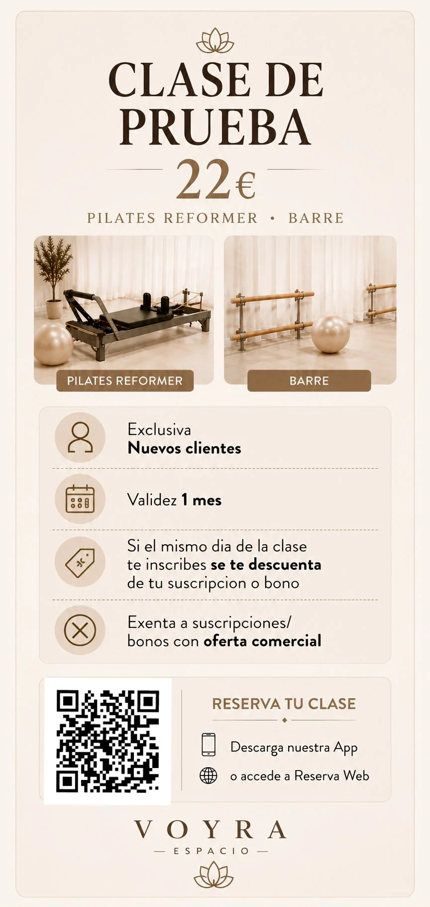 Publicidad de una clase de prueba de 22 euros en un espacio llamado Voyra. Incluye opciones de Pilates Reformer y Barre, y detalles sobre reservas y descuentos para nuevos clientes.
