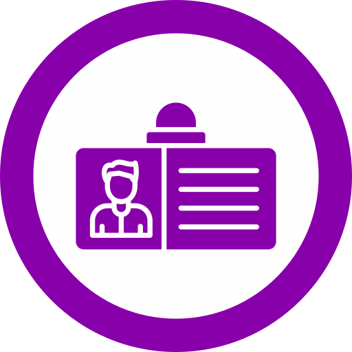 Icon of an ID badge with a person's outline and lines representing text, inside a purple circle.
