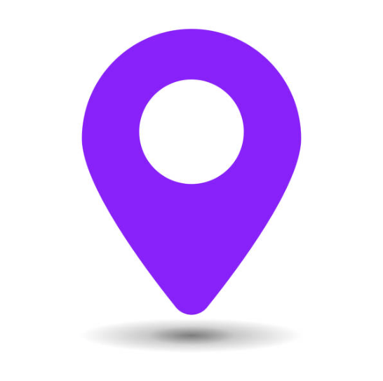 Purple map location pin icon on a white background.