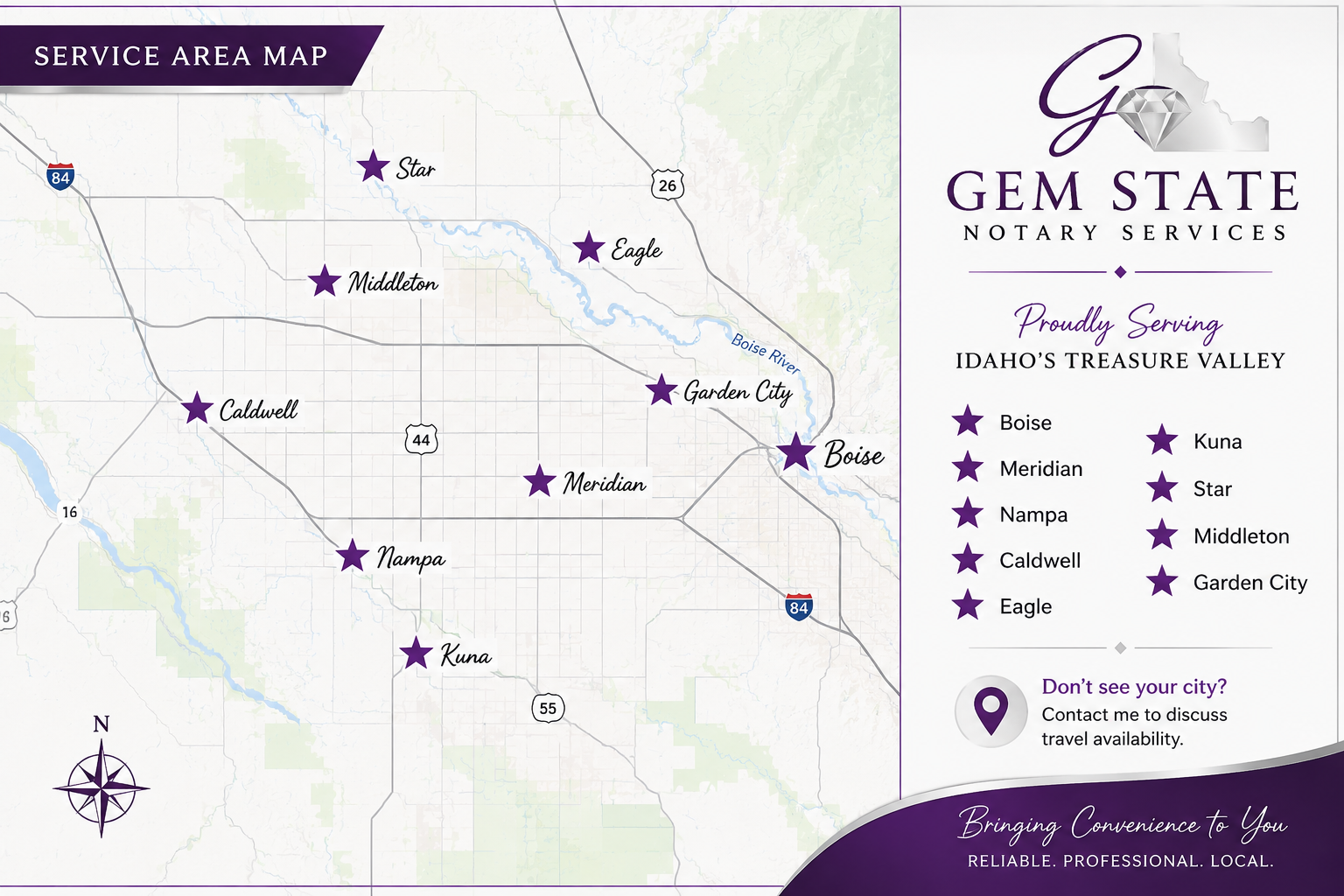 Map showing service areas of Gem State Notary Services in Treasure Valley, Idaho, with cities marked by purple stars: Boise, Meridian, Nampa, Caldwell, Eagle, Garden City, Middleton, Star, Kuna. Legend indicates the significance of each city.