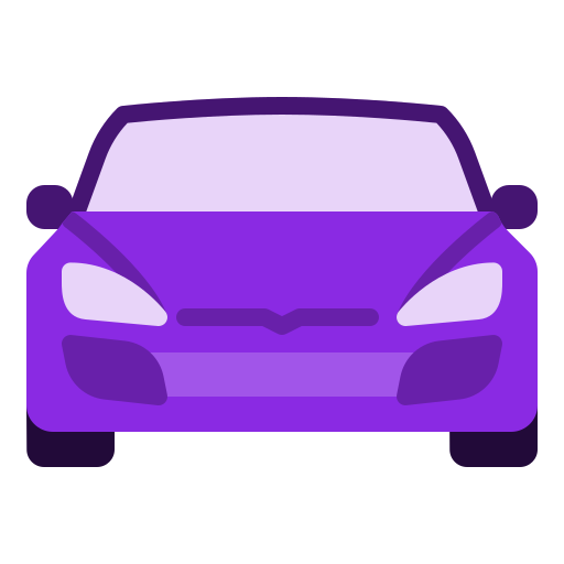 front view of a purple car with sleek headlights and side mirrors.