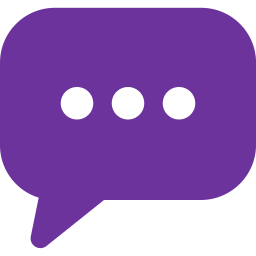Purple speech bubble icon with three black dots inside