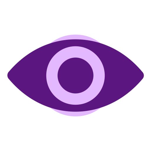Graphic of a stylized eye with a purple iris and black outline.