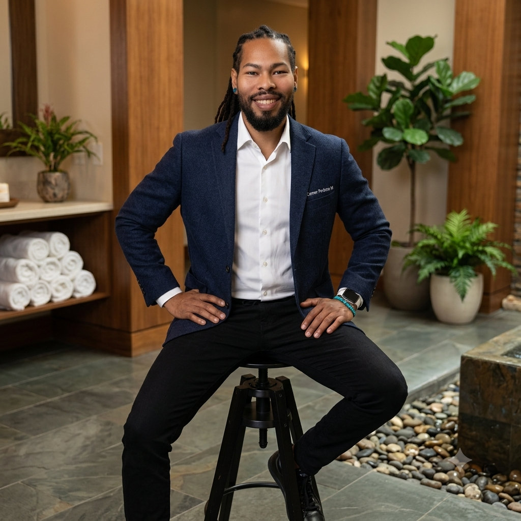 A smiling man with dreadlocks, beard, and earrings, dressed in a white shirt and navy blazer, sitting on a black stool in a modern indoor space with plants and wooden accents.