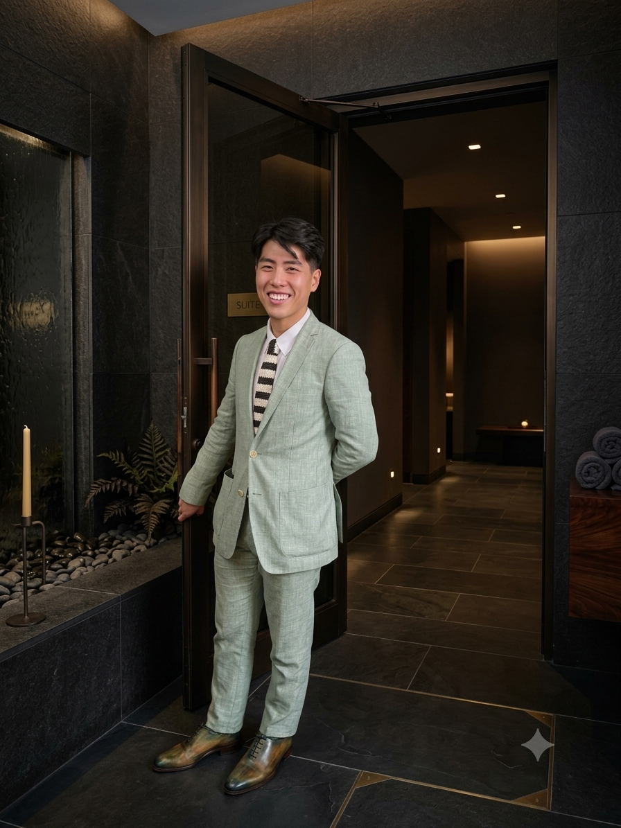 A young man in a light green suit stands at the door of a hotel suite, smiling in a well-lit, modern, dark interior with black tile floors and walls, and a small waterfall feature with candles on a ledge.