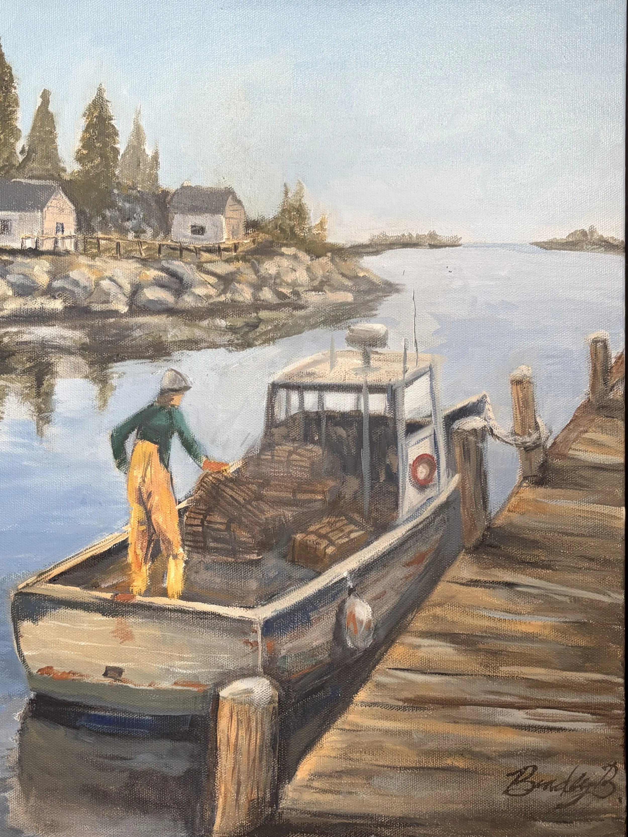 A painting of a person in a green jacket and yellow pants standing on a dock next to a boat, with a coastal village in the background and trees along the shoreline.