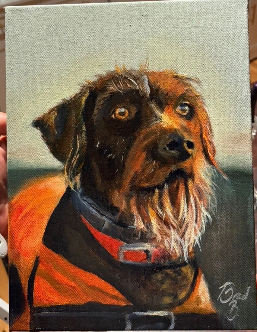 Painting of a brown and black dog with blue eyes, wearing a red collar, against a plain light background.