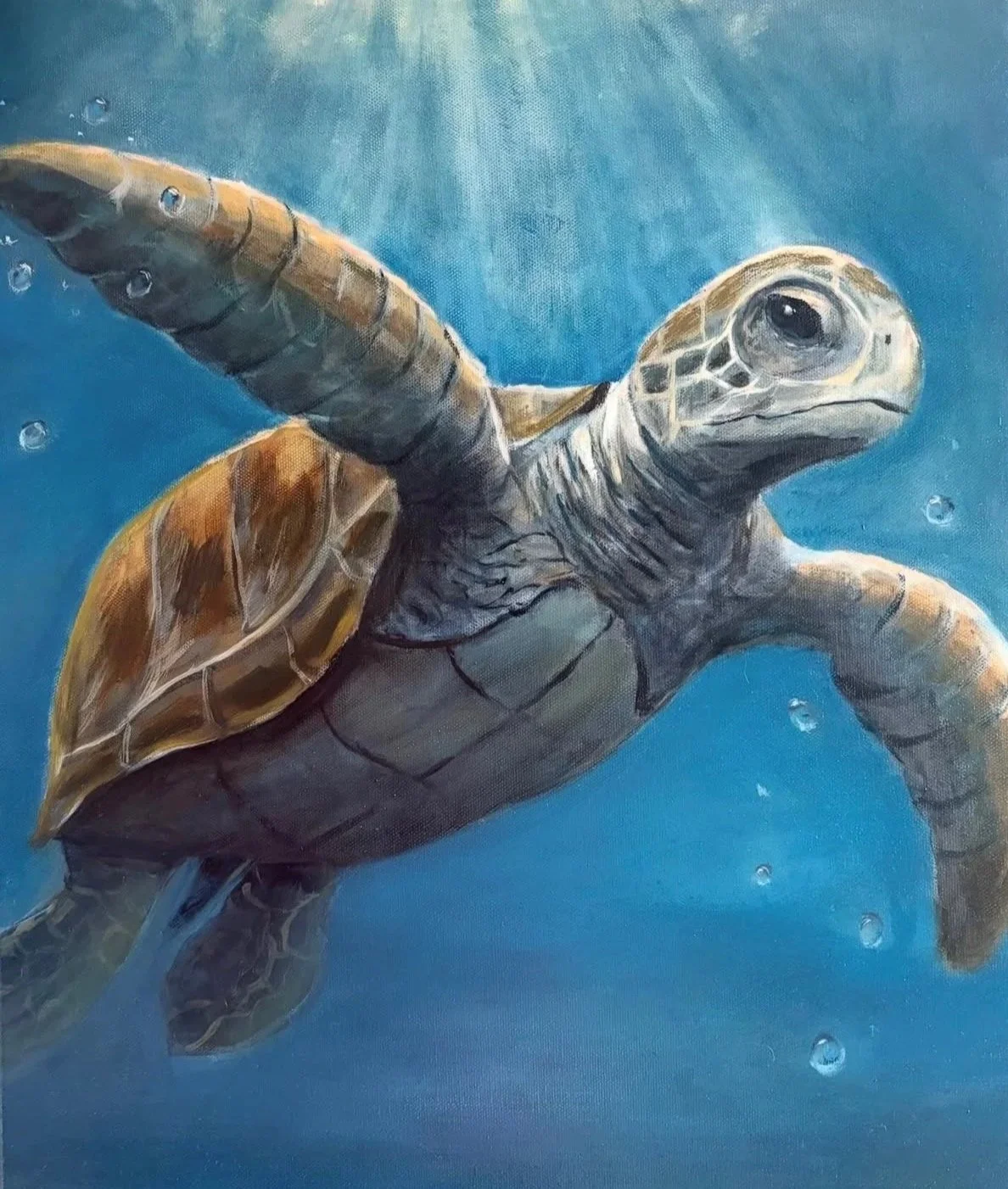 A realistic painting of a sea turtle swimming underwater, with sunlight filtering through the water and bubbles surrounding it.