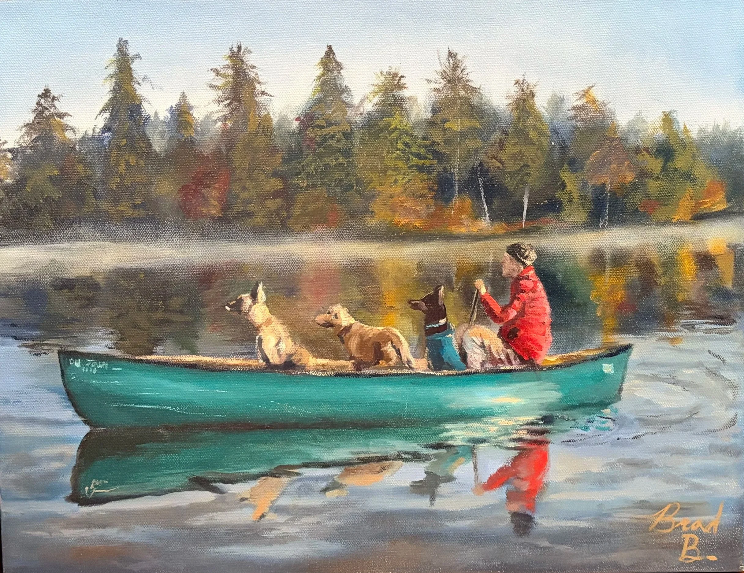 Painting of children and dogs in a boat on a river with trees in the background.