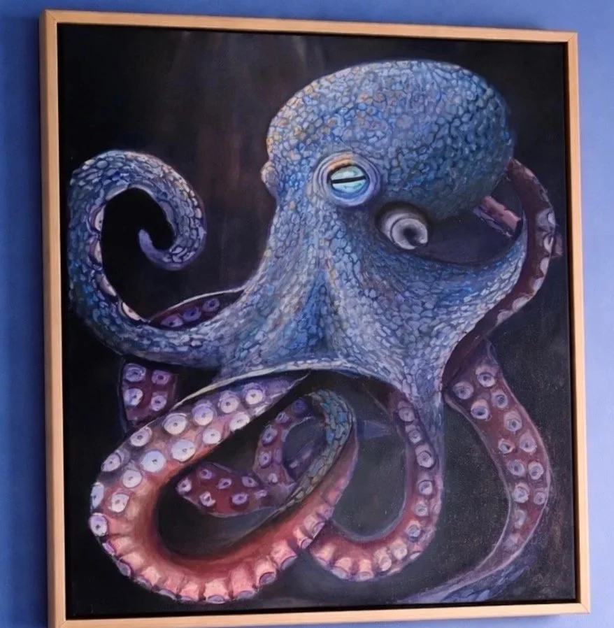A detailed painting of an octopus with textured blue and pink skin, curling its tentacles against a dark background.
