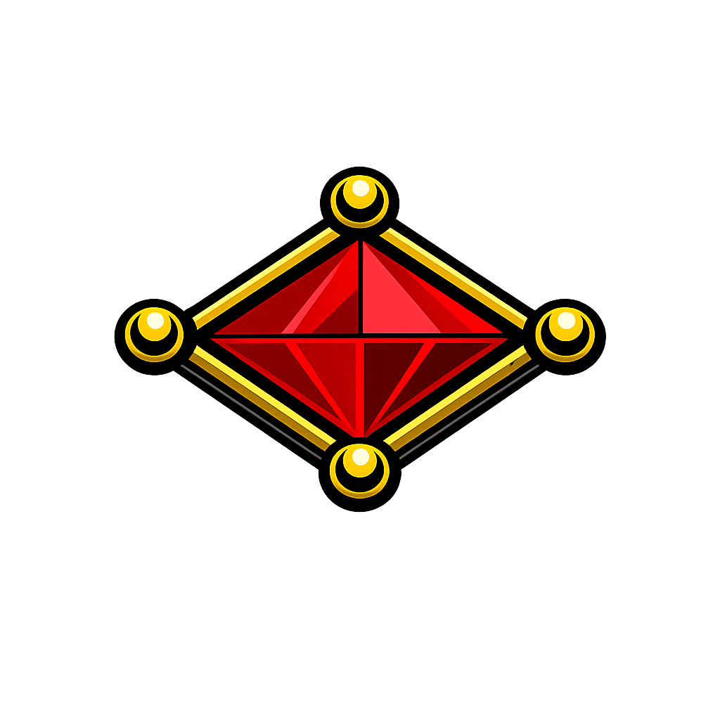 Illustration of a red diamond-shaped gaming die with gold accents on a black background.