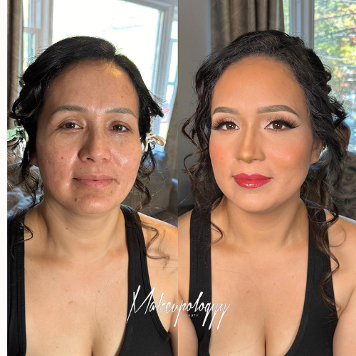 Before and after makeup transformation of a woman with curly dark hair, showing a natural look in the before photo and a glamorous look with makeup in the after photo.