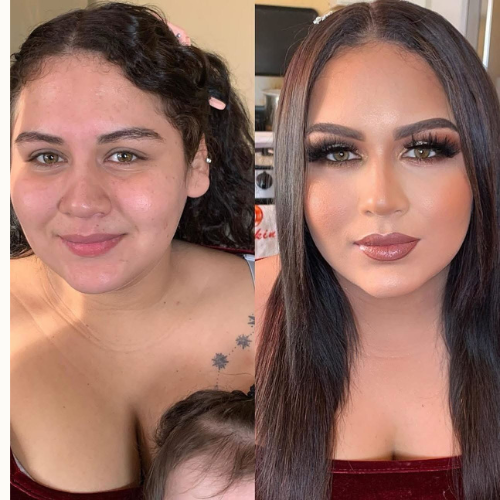 Side-by-side comparison photo of a woman showing her face before and after makeup application.