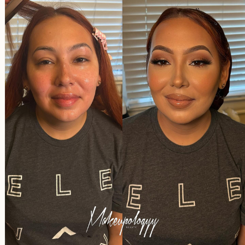 Side-by-side photos of the same woman before and after makeup application, with a gray t-shirt with partial white lettering standing in front of window blinds.