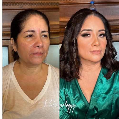 Side-by-side comparison of a woman before and after makeup and skincare. The 'before' side shows her with no makeup, visible skin imperfections, and hair pulled back. The 'after' side shows her with styled, curly hair, makeup, and a satin green top, 