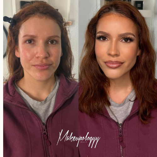 Side-by-side comparison of a woman before and after makeup application. On the left, she has a natural look with minimal makeup, and on the right, she has a full face of makeup with styled hair.