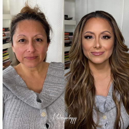 Side-by-side images of a woman before and after makeup application. On the left, her face has no makeup, showing natural skin with some uneven skin tone and minor imperfections. On the right, her face is fully made up, with smooth complexion, defined