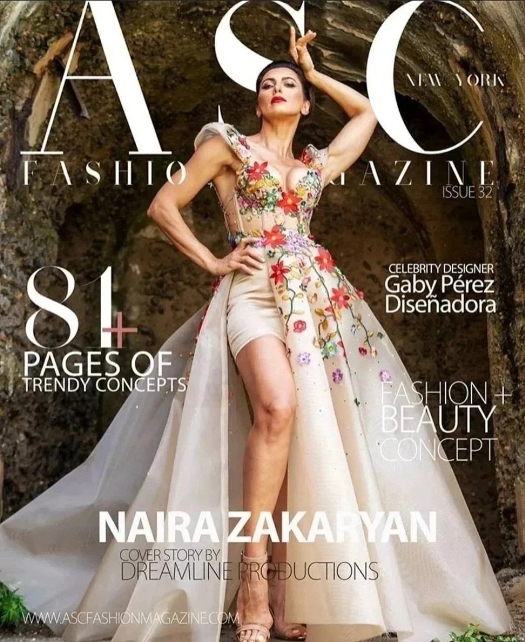Cover of ASC Fashion Magazine, Issue 32, featuring celebrity designer Gaby Pérez Disenadora. Model Naira Zakaryan wears a floral embroidered gown with thigh-high slit, standing in a rocky outdoor setting.