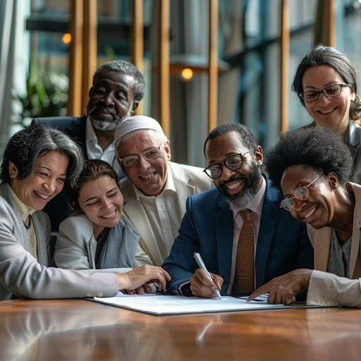 Group of diverse professionals gathered around a table, smiling and signing documents in a modern office setting.