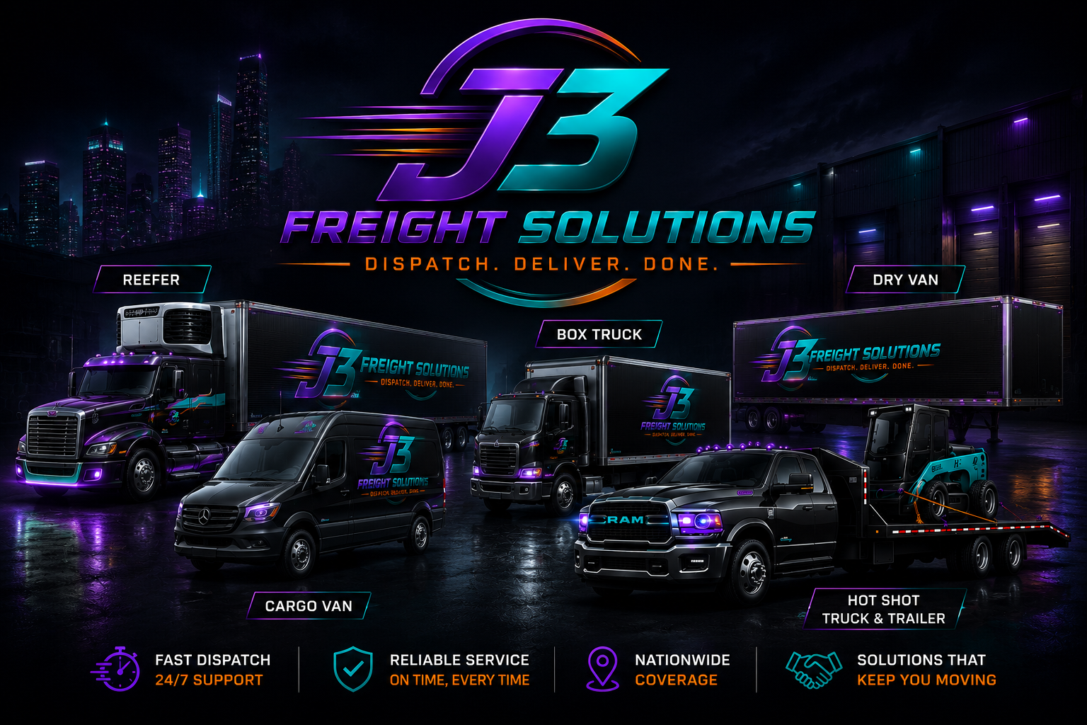 Nighttime digital illustration of J3 Freight Solutions fleet, including reefer truck, dry van, box truck, cargo van, and hot shot truck and trailer, with city skyline in background and service icons at bottom.