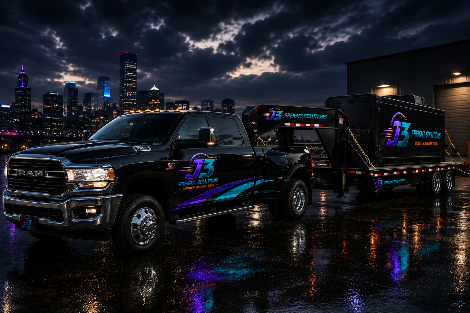 Black RAM truck with the logo 'J3 Freight Solutions' on the doors, pulling a trailer with the same logo, parked on a wet surface with a city skyline and cloudy sky in the background.