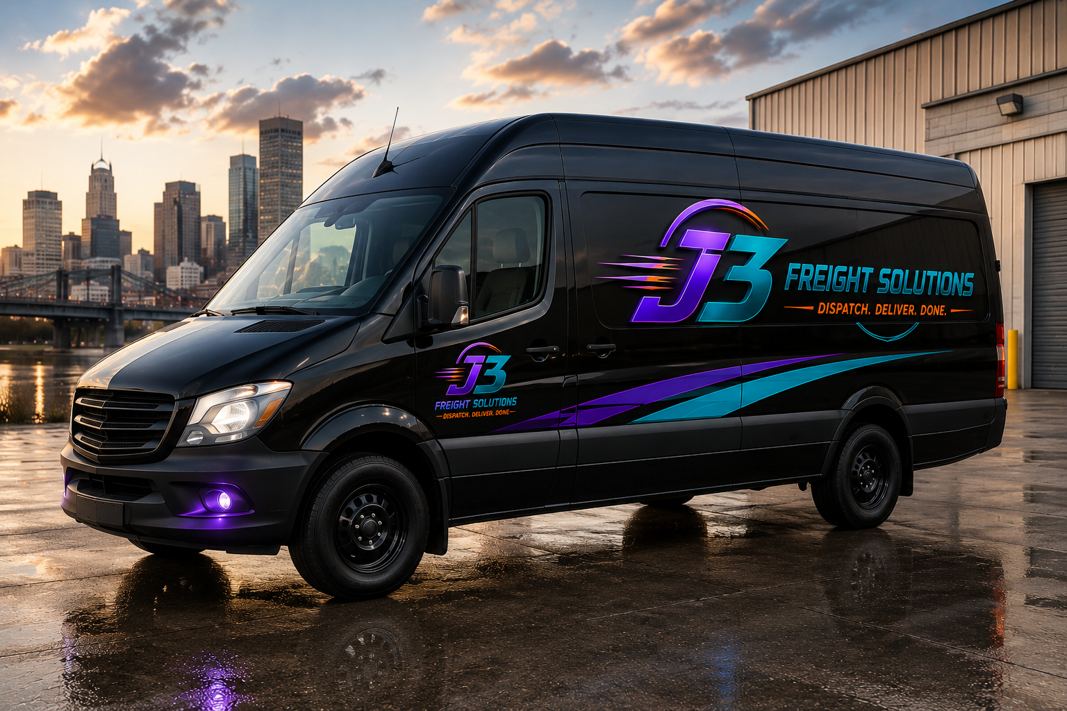 Black delivery van with J3 Freight Solutions logo parked outside during sunset with city skyline in the background.