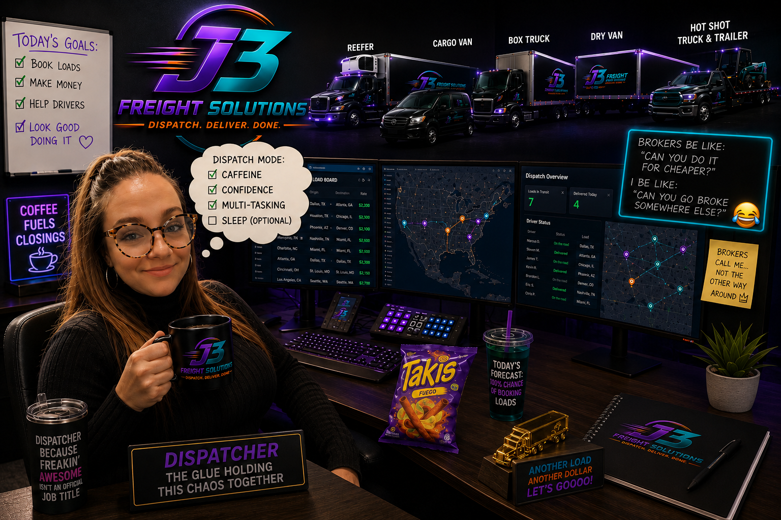 A woman with glasses sitting at a desk in a dispatch control room. She holds a black mug with a logistics company logo, smiling. The background features multiple computer screens displaying maps, logistics data, and charts, along with colorful motivational signs and notes. The desk has a snack bag, coffee cup, notebook, and a small golden truck figurine.