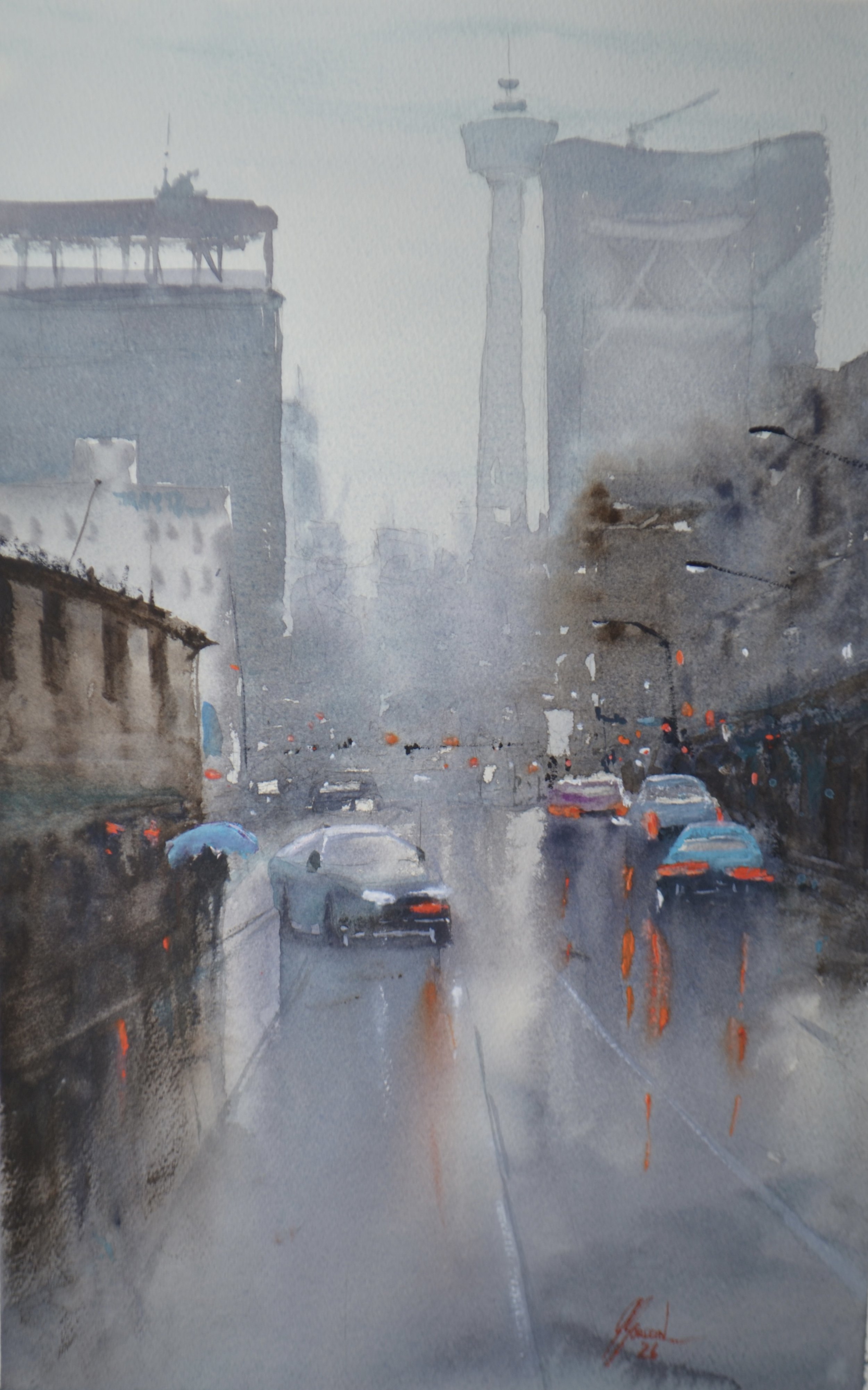 Calgary in the Rain - Watercolour