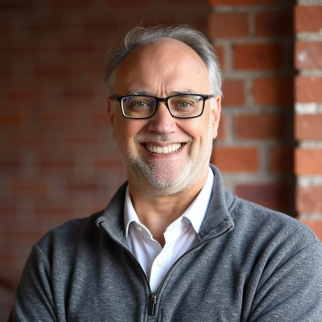 A middle-aged man with gray hair, glasses, and a beard, smiling, standing in front of a red brick wall, wearing a gray zip-up sweater over a white collared shirt.