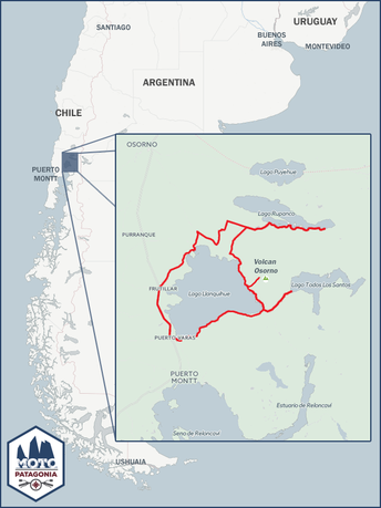 Map of the Osorno Volcano area in southern Chile, showing the volcanic region outlined in red, including nearby lakes, towns, and landmarks.