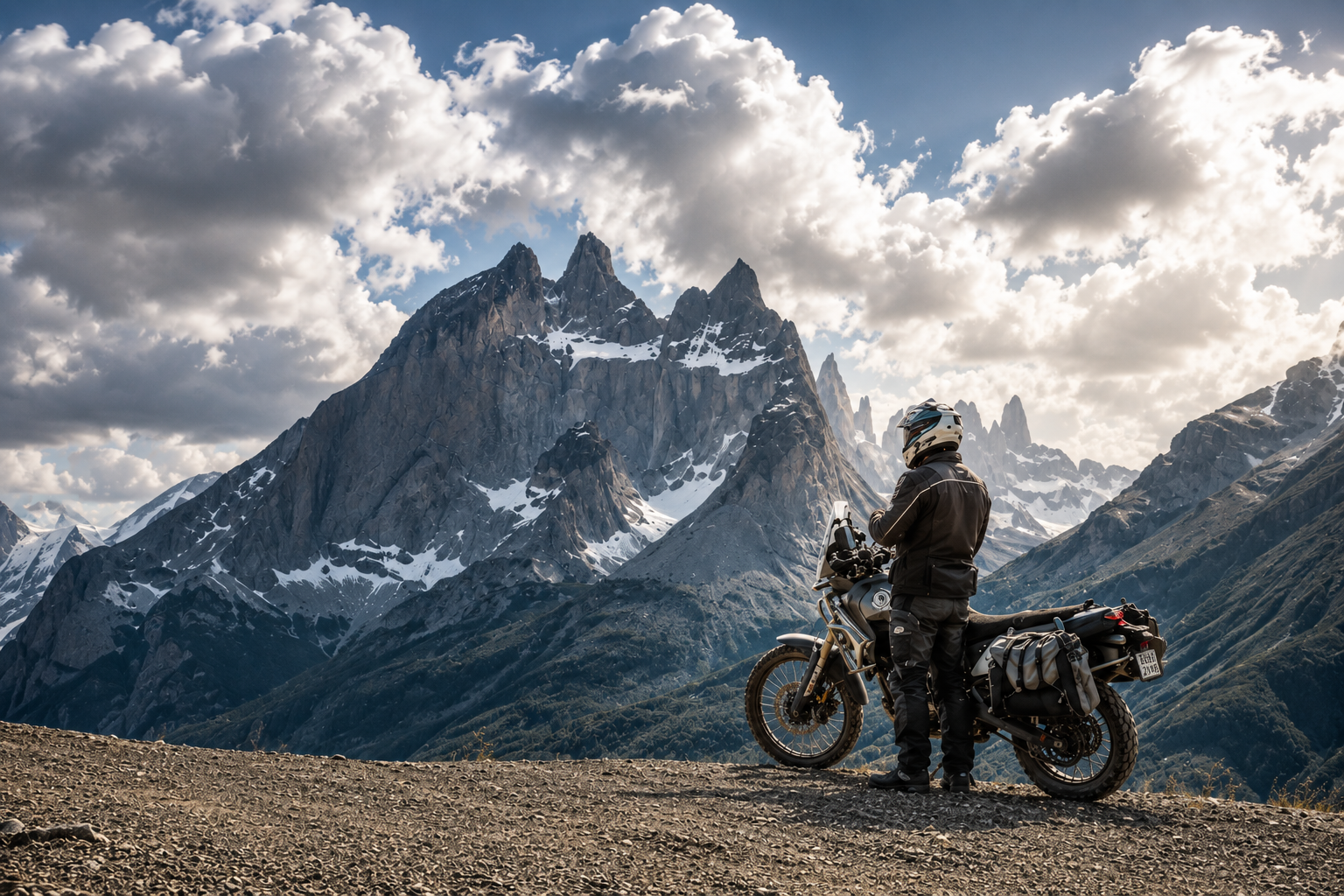 Motorcycle rider in black gear and helmet standing beside a black motorcycle on a rocky terrain with snow-capped mountain peaks and a partly cloudy sky in the background.